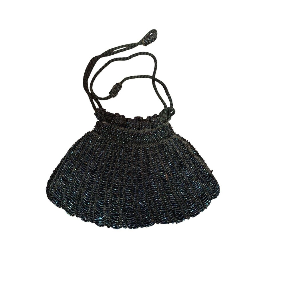 Vintage 1920s  Art Deco AB Black Glass Drawstring Flapper Purse *READ*